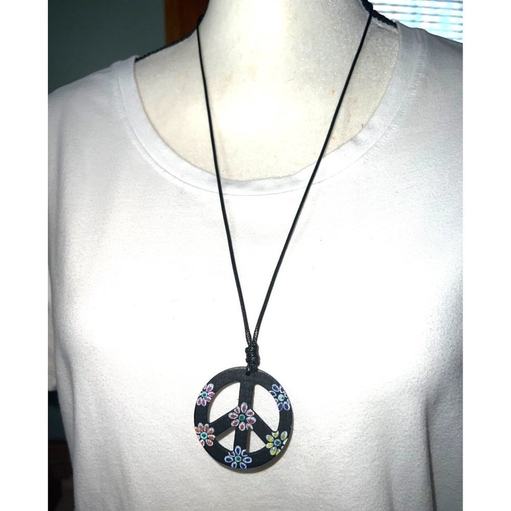 Wooden Peace Pendant Necklace -- 26"